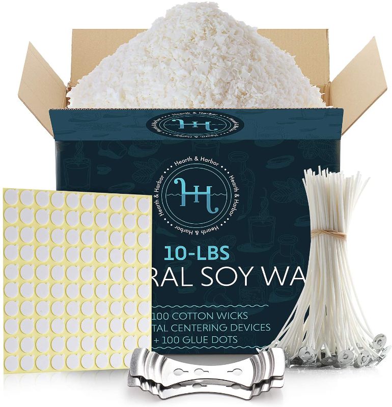 Photo 1 of Hearth & Harbor Natural Soy Wax and DIY Candle Making Supplies -10 Lbs Soy Candle Wax Flakes w/ 100 Cotton Wicks, 2 Metal Centering Devices