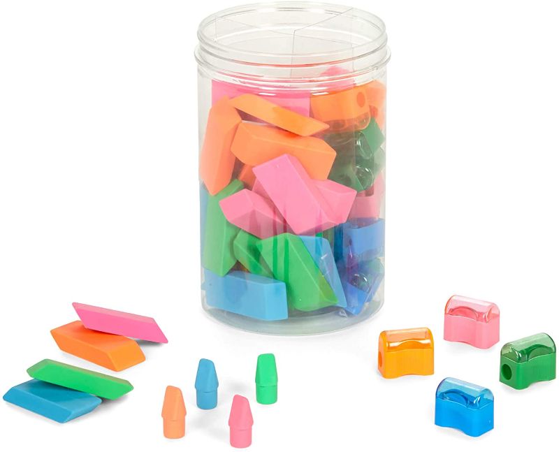 Photo 1 of Blue Summit Supplies Colorful Pencil Sharpener Manual Eraser Bundle, Manual Pencil Sharpener With Eraser Combo for Kids, Classroom Pencil Sharpener Eraser Set, 100 pieces