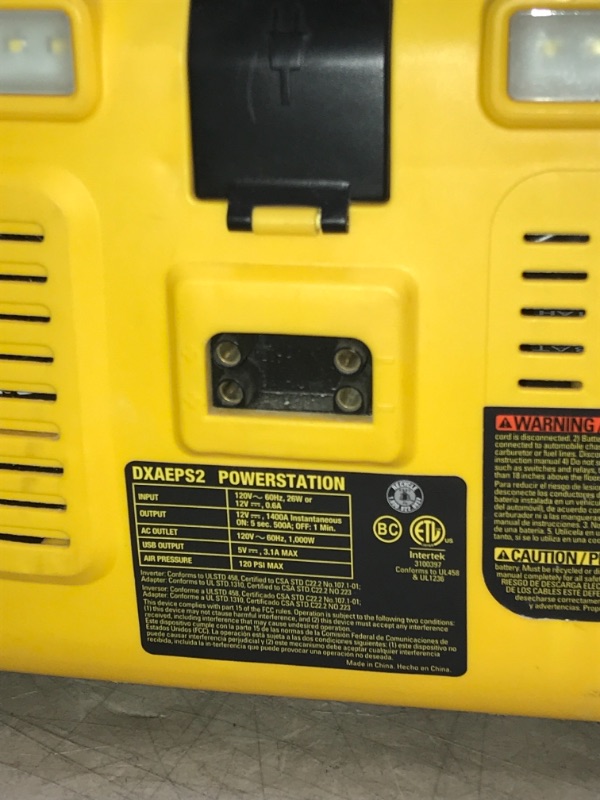 Photo 1 of parts only--Item doesn’t work.
-----DEWALT DXAEPS2 Car Jump Starter and Portable Power Station with Air Compressor Kit: 1000 Watt Power Inverter, Jumper and 120 PSI Compressor, 2800 Peak/1400 Instant Amps