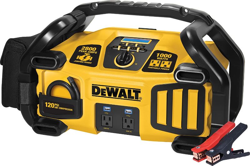 Photo 1 of parts only--Item doesn’t work.
-----DEWALT DXAEPS2 Car Jump Starter and Portable Power Station with Air Compressor Kit: 1000 Watt Power Inverter, Jumper and 120 PSI Compressor, 2800 Peak/1400 Instant Amps