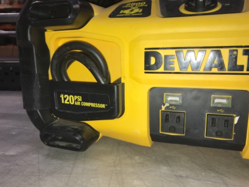 Photo 1 of parts only--Item doesn’t work.
-----DEWALT DXAEPS2 Car Jump Starter and Portable Power Station with Air Compressor Kit: 1000 Watt Power Inverter, Jumper and 120 PSI Compressor, 2800 Peak/1400 Instant Amps