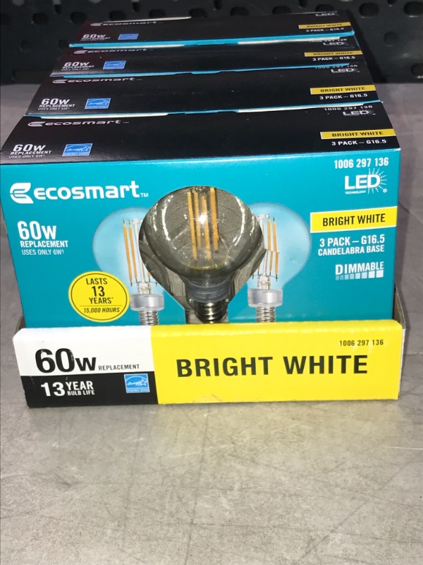 Photo 2 of EcoSmart
60-Watt Equivalent G16.5 ENERGY STAR and CEC Title 20 Dimmable Filament LED Light Bulb Bright White (3-Pack) 4 Count 