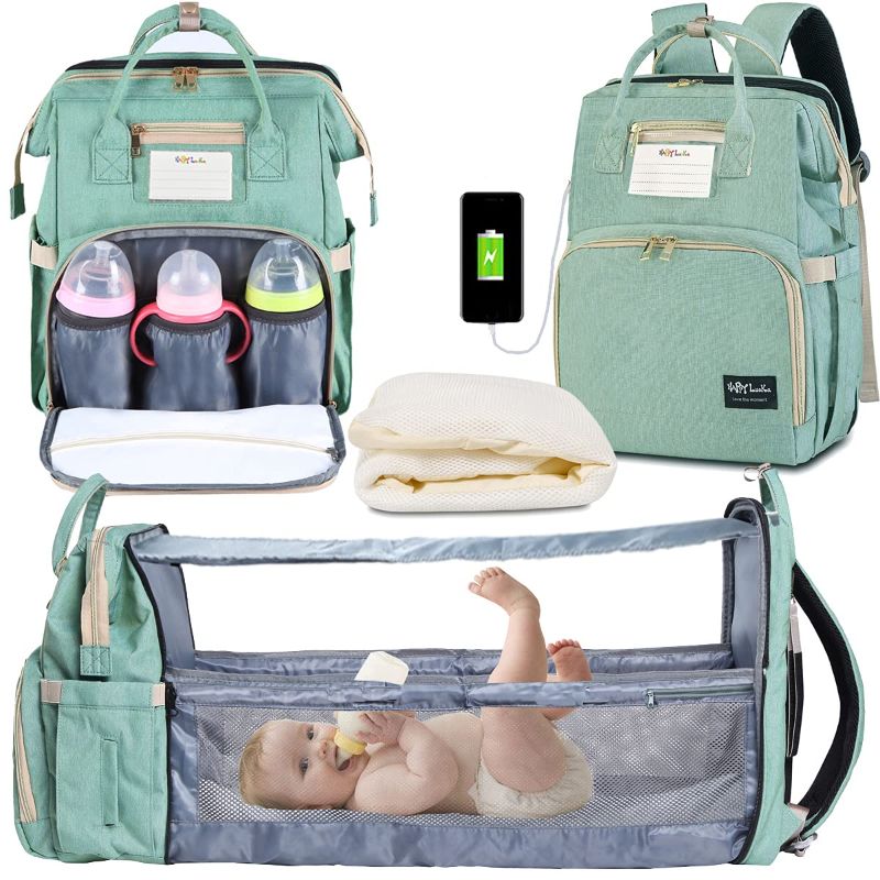 Photo 1 of HappyLuoka Green Diaper Bag Backpack with Changing Station Cyan