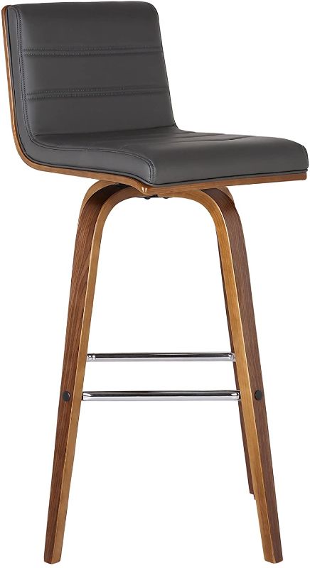 Photo 1 of Armen Living Vienna Mid-Century Modern 30" Bar height Barstool Faux Leather Wood Finish, Grey/Walnut