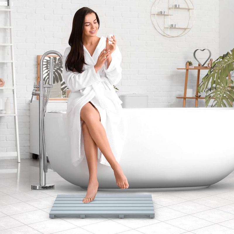 Photo 1 of Bamboo Wooden Bath Floor Mat for Luxury Shower - Non-Slip Bathroom Waterproof Carpet for Indoor or Outdoor Use ( Grey )