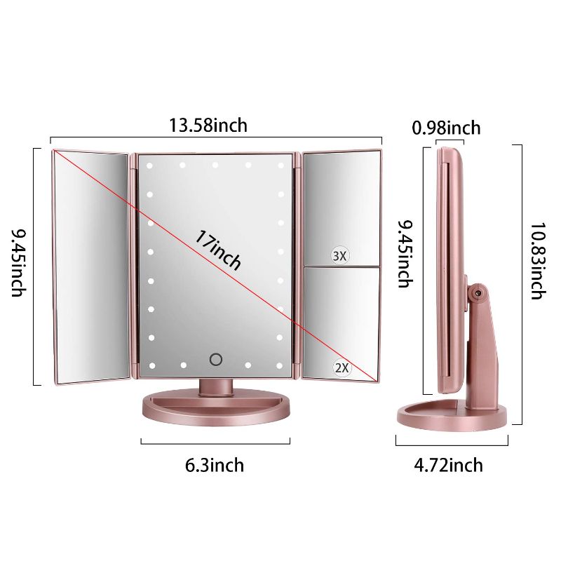 Photo 1 of deweisn Tri-Fold Lighted Vanity Mirror with 21 LED Lights, Touch Screen and 3X/2X/1X Magnification, Two Power Supply Modes Make Up Mirror,Travel Mirror