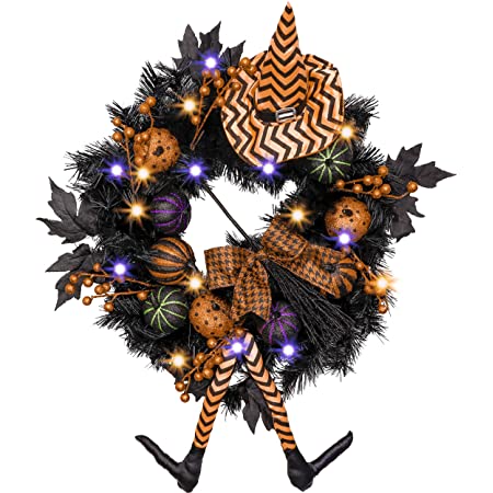 Photo 1 of 24 Inch Pre-Lit Happy Halloween Wreath for Front Door with Witch Hat