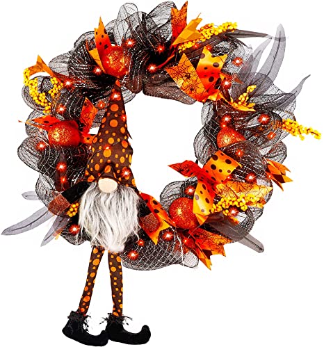 Photo 1 of 24 Inch Pre-Lit Happy Halloween Wreath for Front Door with Witch Hat