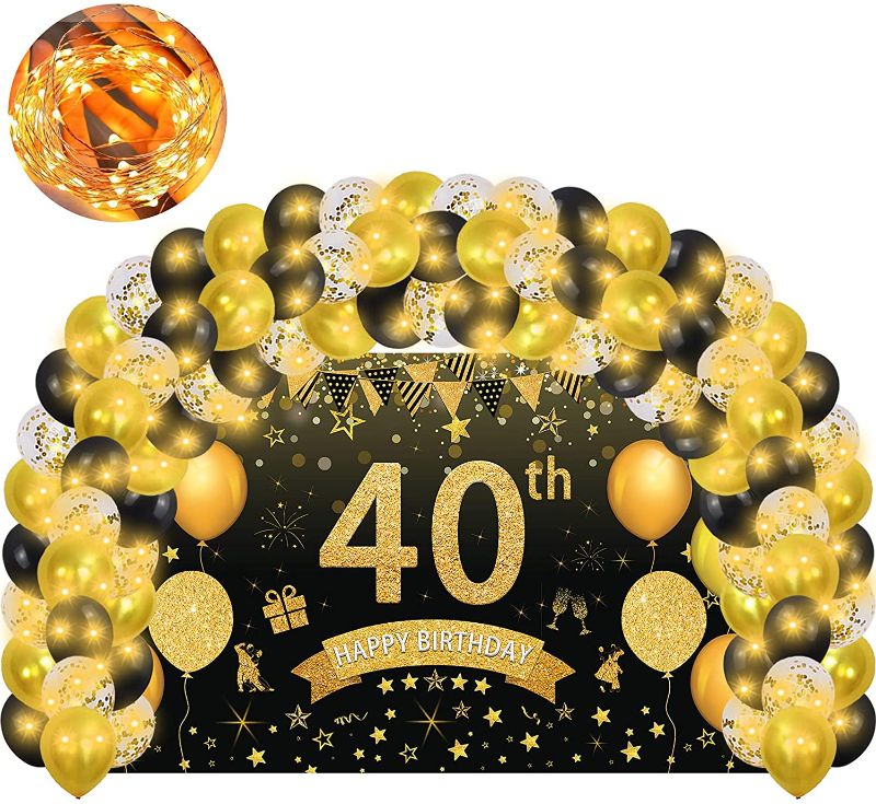 Photo 1 of 40th Birthday Decorations Backdrop Banner-Happy Black and Gold Balloons Supplies Kit,Sign Poster for Men Women Birthday Anniversary Party,Twinkle String Fairy Lights,Photo Booth Background,5×3Ft
