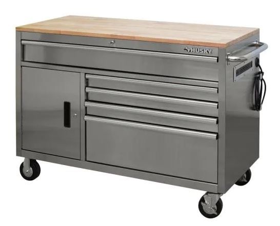 Photo 1 of 52 in. W 5-Drawer 1-Door, Deep Tool Chest Mobile Workbench in Stainless Steel with Hardwood Top