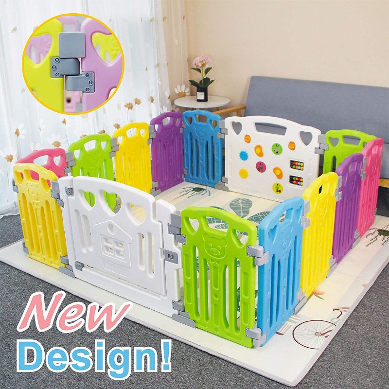 Photo 1 of Baby Play Playpen, Safe Activity Center, Great for Yard, Home, Indoor, and Outdoor (14-Panel Multi-Color Classic Set)
