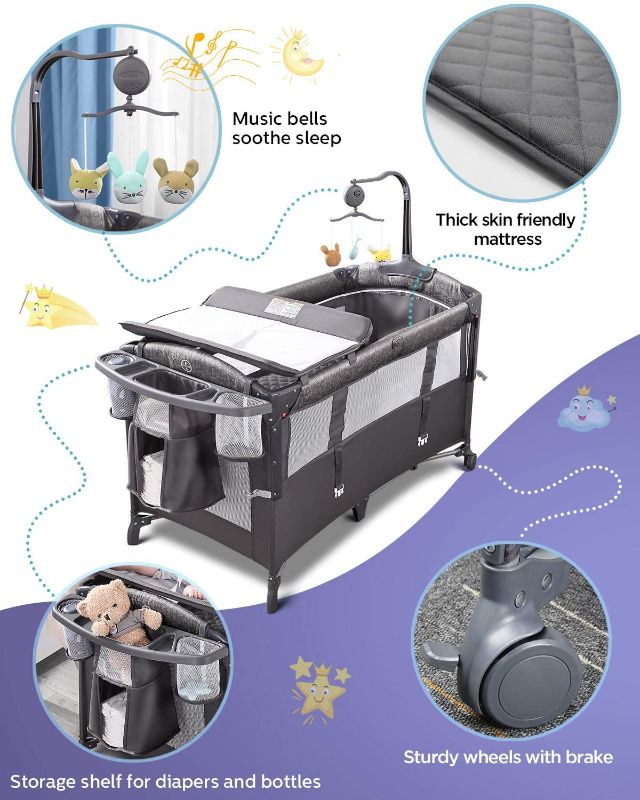 Photo 1 of ADOVEL Baby Bassinet Bedside Crib, Pack and Play with Mattress, Diaper Changer and Playards from Newborn to Toddles