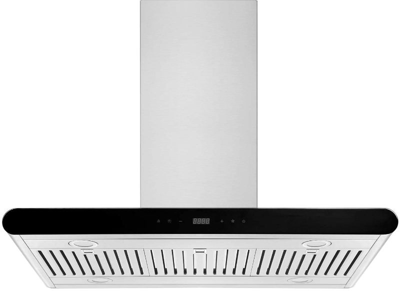 Photo 1 of Empava 36 in. 500 CFM Island Range Hood Ducted Exhaust Kitchen Vent-Tempered Glass-Soft Touch Controls-3 Speed Fan-Permanent Filter LEDs Light in, Stainless Steel
