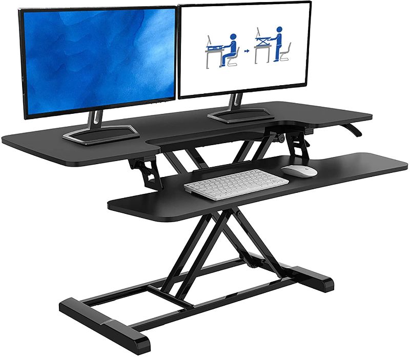 Photo 1 of FLEXISPOT Standing Desk Converter 42 inch Sit Stand Desk Riser Black Stand Up Desk Office Desktop Height Adjustable Desk for Dual Monitors and Laptop