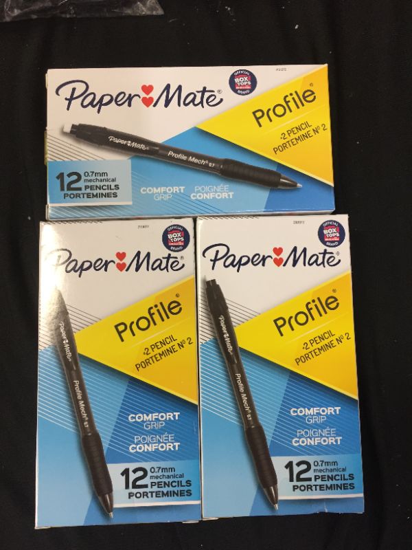 Photo 1 of 3 pack - Paper Mate Profile Refillable Mechanical Pencils, 0.7 mm, Black Barrels, Pack Of 12
