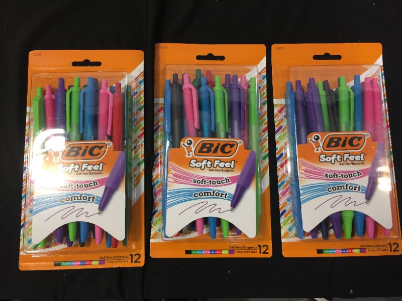 Photo 1 of 3 pack - BIC Soft Feel Fashion Retractable Ballpoint Pen With Special No-Slip Comfortable Grip, Medium Point (1.0mm), Assorted Colors, 12-Count