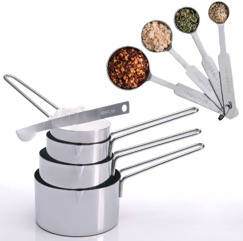 Photo 1 of 2 pack - Baflan Stainless Steel Measuring Cups and Spoons Set - 8-Piece Set with 4 Measuring Cups, 4 Measuring Spoons, and a Bonus Leveler - Equipped with Engraved Measurement Markings
