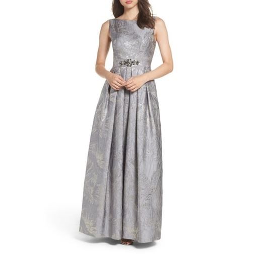 Photo 1 of Eliza J Women’s Embellished Brocade Ballgown with Beaded Belt, Metallic 12
