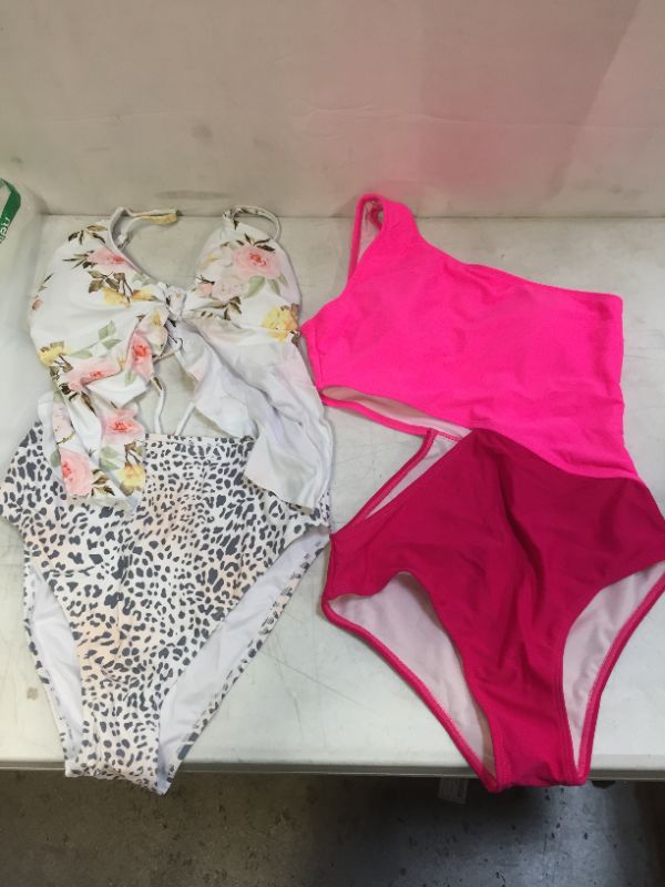 Photo 1 of 2pack Womens Swim Wear SMALL, one piece and two piece, pink, white with design, SOLD AS IS