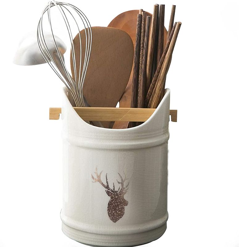 Photo 1 of 2 pack - BLBYHO Ceramic Utensil Holder for Countertop, Ceramic Utensil Crock with Table-Protection Cork Mat, Diameter: 5.1”, Height: 6.7”, Weight: 1.8 LB
