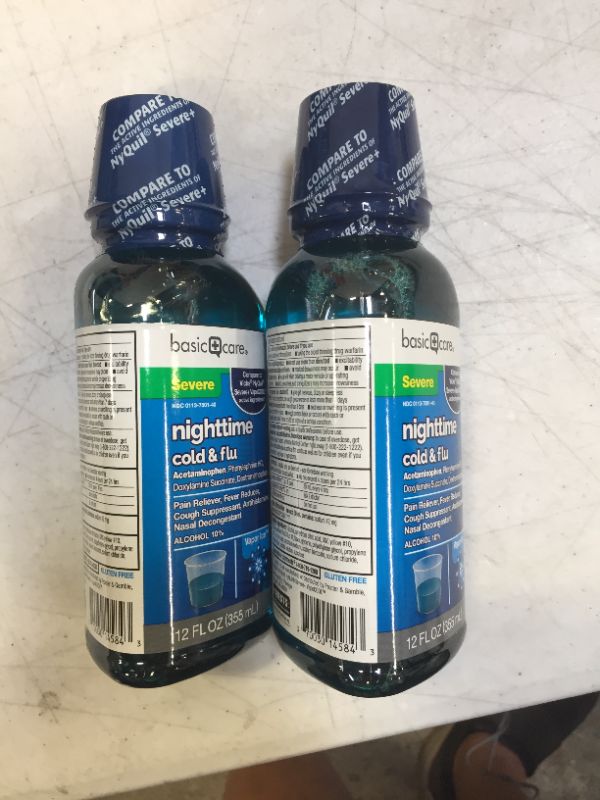 Photo 2 of 2x Amazon Basic Care Vapor Ice Nighttime Severe Cold and Flu, Pain Reliever and Fever Reducer, Nasal Decongestant, Antihistamine and Cough Suppressant, 12 Fluid Ounces
