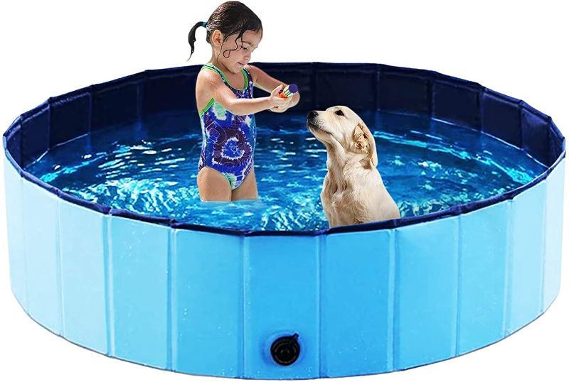Photo 1 of Exciting Foldable Pet Swimming Pool – Size XXL 63 inch Wide & 12" Tall Portable Dog Pet Bath Wash Tub - Collapsible Pets PVC Bathing Tub – Hard Plastic Outdoor Kiddie Pool for Dogs, Cats, Baby, Kids,