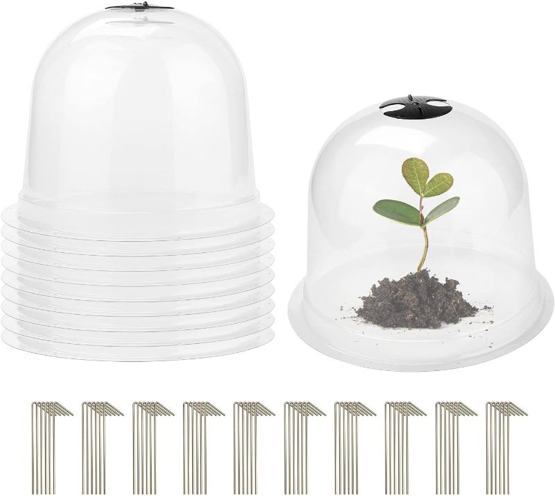 Photo 1 of 10 Pack Medium Garden Cloche Dome Reusable Plastic Plant Bell Cover Mini Greenhouse with 60 Ground Securing Pegs for Seed Starter Plants Outdoor -