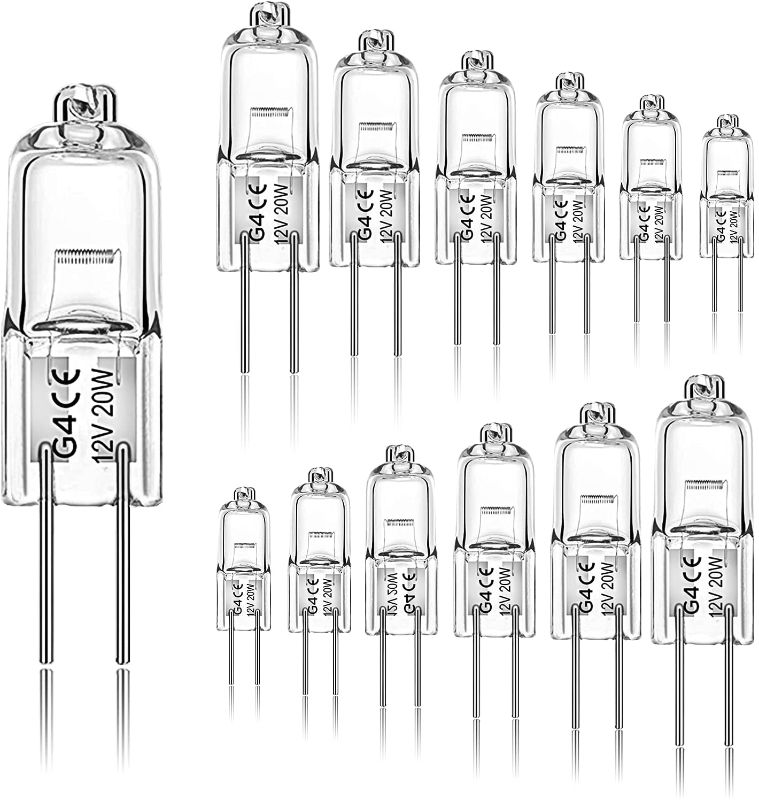 Photo 1 of G4 Light Bulbs, 12 Pack Crystal Clear Halogen Bulb 2 Pin, Jaenmsa 12 Volt 20W JC T3 Bi-pin Capsule Bulb, Dimmable 2700K Warm White, 4MM Wide 2 Prong G4 Base for Landscape Light, Desk Lamp, Chandelier
