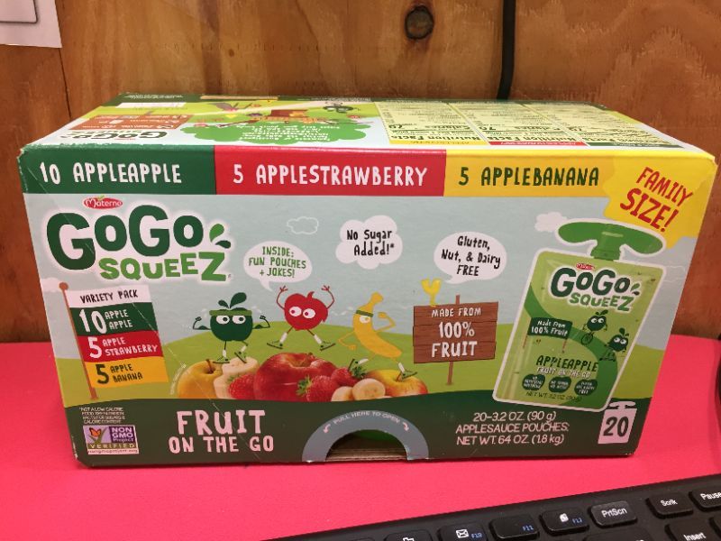 Photo 2 of exp 12-09-2021---GoGo squeeZ Fruit on the Go Variety Pack, Apple Apple, Apple Banana, & Apple Strawberry, 3.2 oz. (20 Pouches) - Tasty Kids Applesauce Snacks - Gluten Free Snacks for Kids - Nut & Dairy Free - Vegan Snacks
