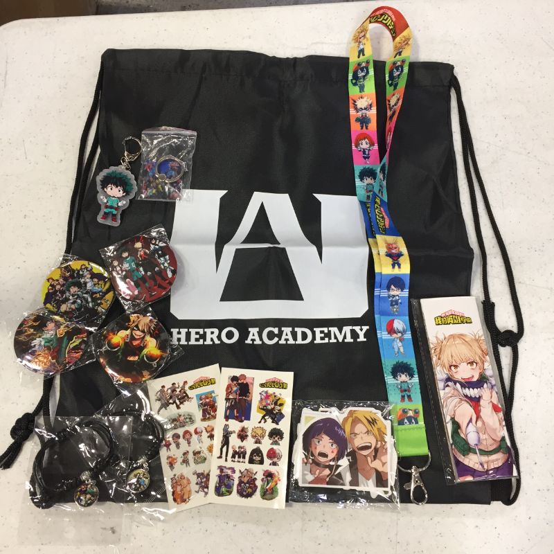 Photo 1 of   my hero academia my hero academy drawstring backpack, pin, keychains, stickers and bracelets bundle , bookmark, 