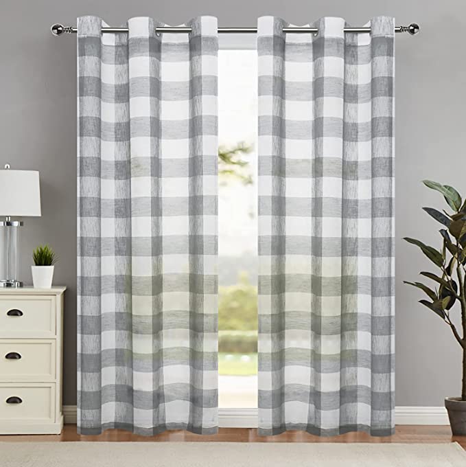 Photo 1 of Buffalo Plaid Checkered Grey and White 84 Inches Long Line Sheer Window Curtain Panels, Gingham Grommet Top Rustic Farmhouse Window Treatment Drapes, for Bedroom & Living Room, 2 Panels,40"x84", Gray