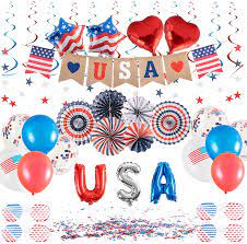 Photo 1 of 4th of July Decor Patriotic Day Party Decorations - 41 Pcs American Flag Party Supplies, Included Balloons, Banner, Hanging Swirls, Paper Fans, Star Confetti for 4th July Independence Day Decoration
