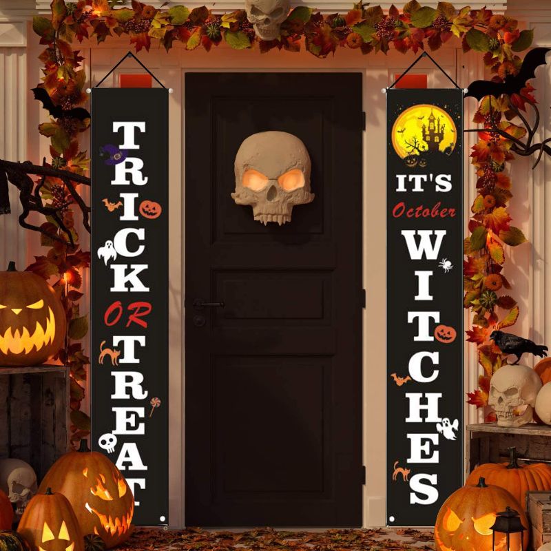 Photo 1 of 2 Pack Halloween Banners Trick or Treat Banner It's October Witches Porch Sign Halloween Haunted House Party Decoration Indoor Outdoor Signs Home Garden Office Front Door Hanging Decor
