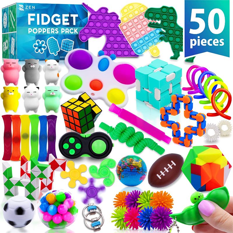 Photo 1 of 50 Pcs) Fidget Poppers Popit Toy Pack Push Pop Bubble Popping Set It Mini Poppet Figit Package Figetget Spinners, Infinity Rubiks Cube Stress Relief Balls w Sensory Toys for Autistic ADHD Kids Girls