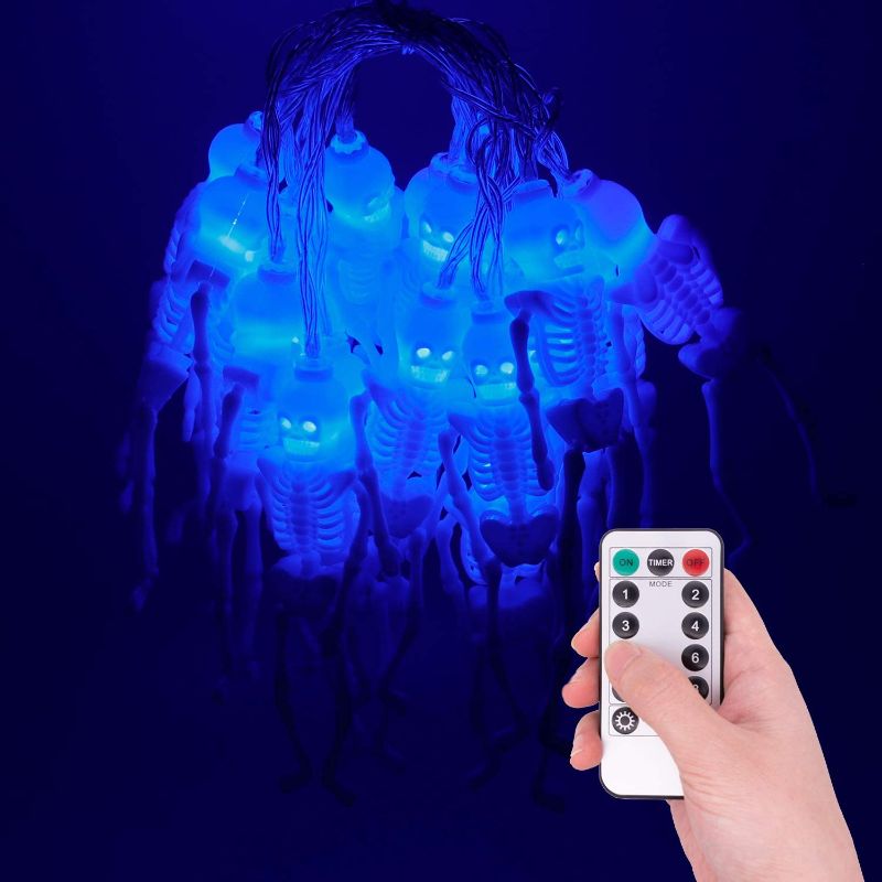 Photo 1 of Halloween Skeleton Skull String Lights - 9.8ft/3m 20 LEDs Skeleton 8 Modes Waterproof Battery Operated String Lights with Remote Control for Decorations/Horror Nights/Home/Room/Patio/Garden - Blue