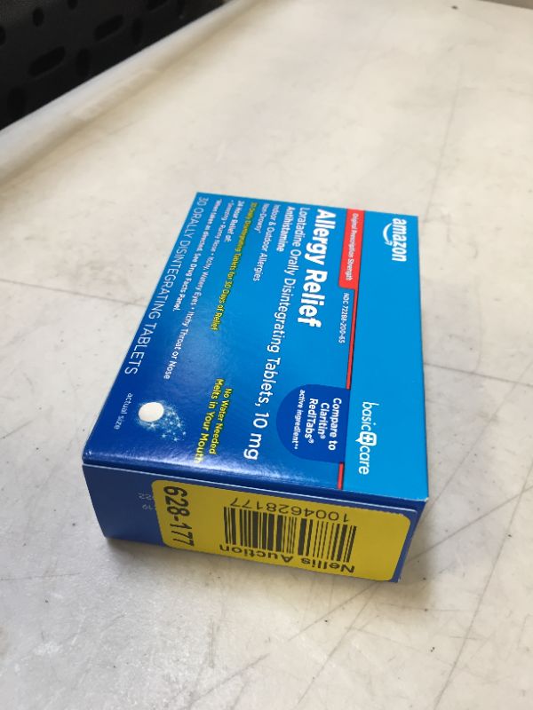 Photo 1 of Amazon Basic Care Loratadine Orally Disintegrating Tablets, 10 mg, 24 Hour Allergy Tablets, White, 30 Count (Pack of 1) EXP 02/2022