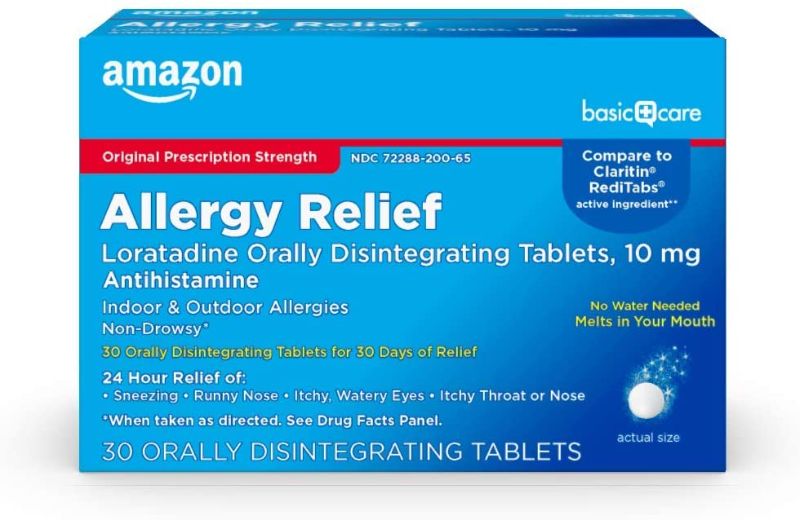 Photo 1 of Amazon Basic Care Loratadine Orally Disintegrating Tablets, 10 mg, 24 Hour Allergy Tablets, White, 30 Count (Pack of 1) EXP 02/2022