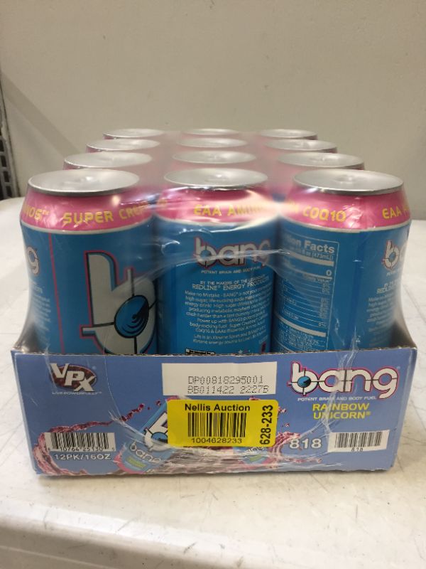 Photo 2 of Bang Rainbow Unicorn Energy Drink, 0 Calories, Sugar Free with Super Creatine, 16 Fl Oz (Pack of 12) BB 01/14/2022
