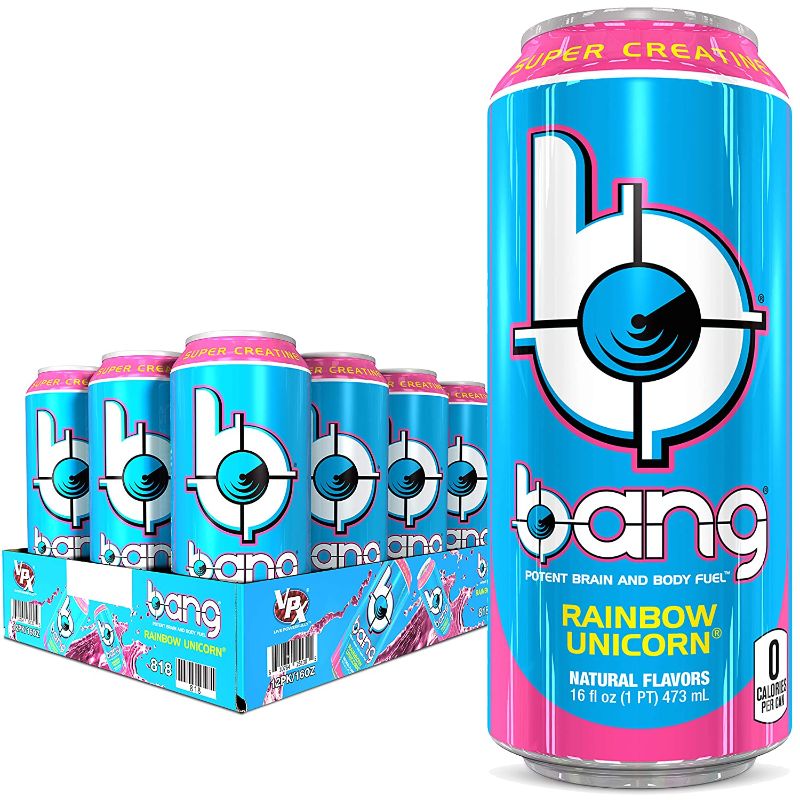 Photo 1 of Bang Rainbow Unicorn Energy Drink, 0 Calories, Sugar Free with Super Creatine, 16 Fl Oz (Pack of 12) BB 01/14/2022
