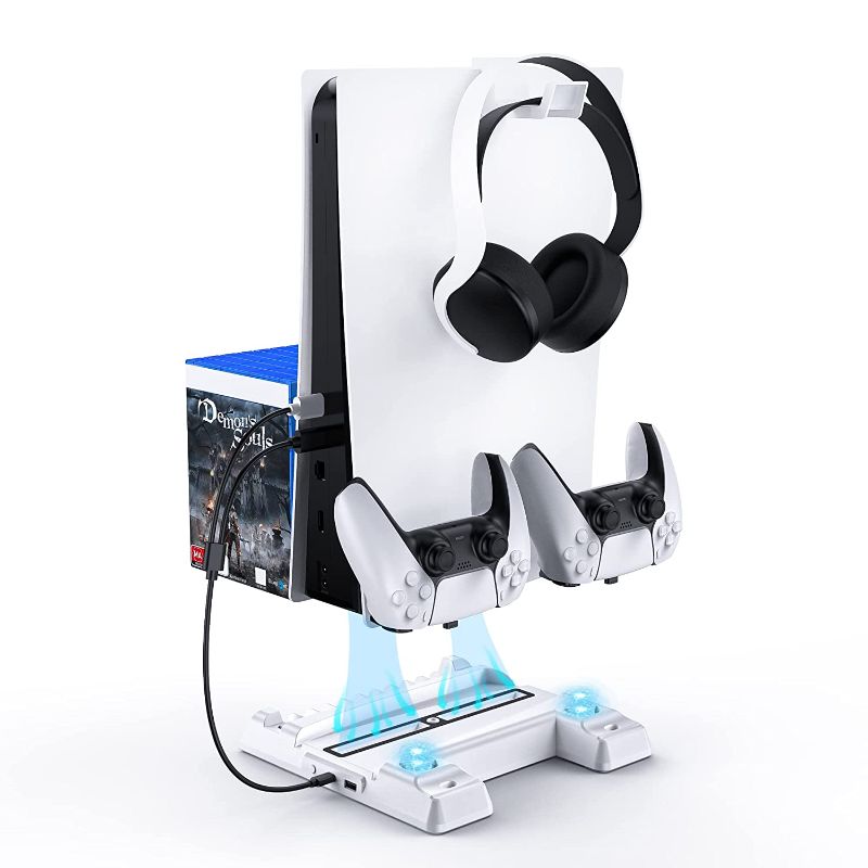 Photo 1 of PS5 Vertical Stand with Headset Holder, Multifunctional Stand with Cooling Station and Game Storage, still factory sealed