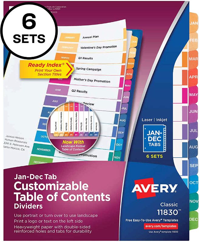 Photo 1 of Avery Monthly Dividers for 3 Ring Binders, Customizable Table of Contents, Multicolor Tabs, 6 Sets (11830)
