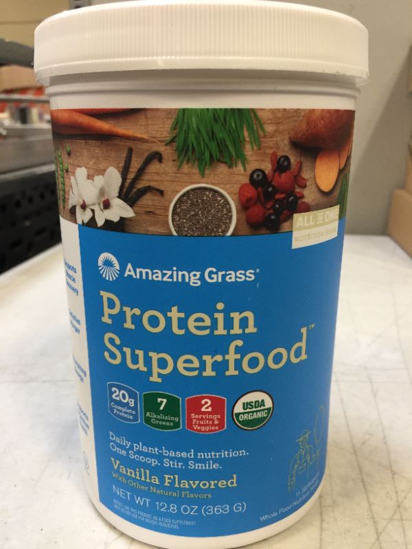 Photo 1 of Amazing Grass Protein Superfood: Vegan Protein Powder, All in One Nutrition Shake, Pure Vanilla EXP 10/2022