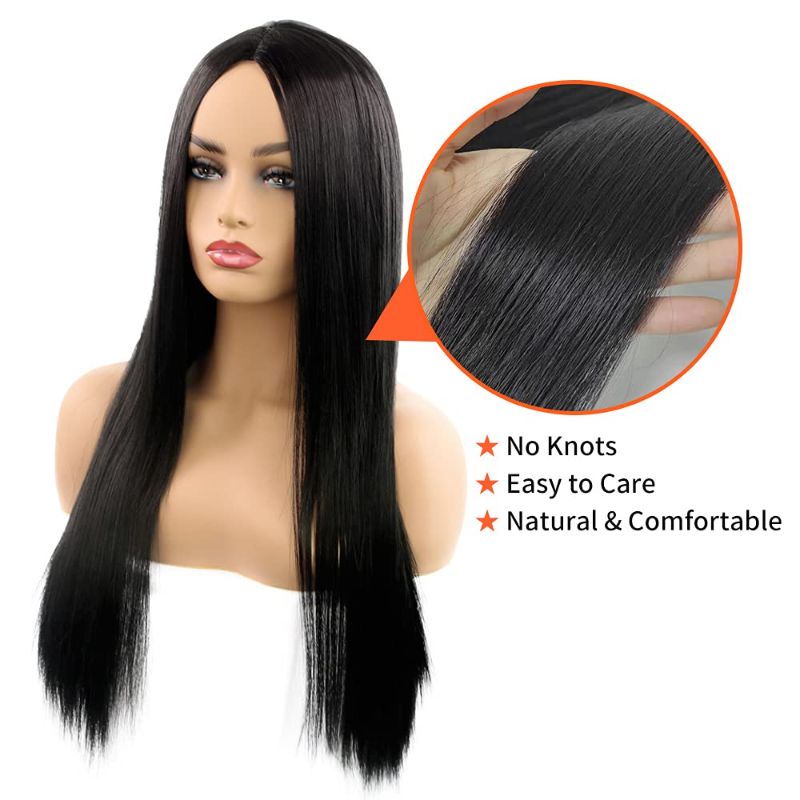 Photo 1 of Feilagaidun Long Straight Black Wigs, Synthetic Heat Resistant Fiber Middle Part Wigs Glueless Natural Hairline for Women Ladies Girls Daily Party Use (24 Inch)
