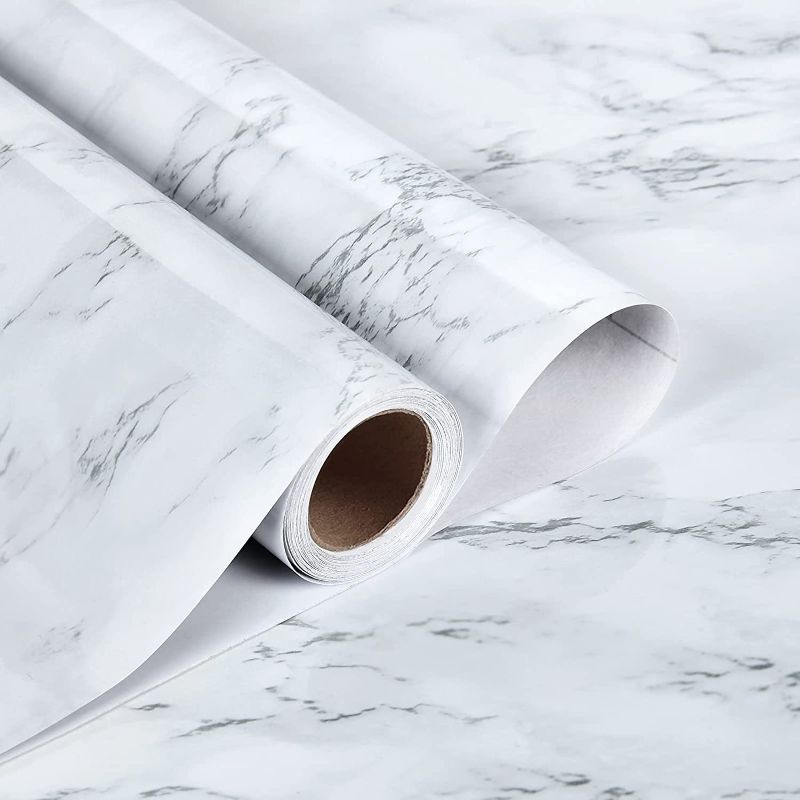 Photo 1 of Caltero White Marble Wallpaper 17.7In x 16.4Ft White Marble Contact Paper Peel and Stick Wallpaper Self Adhesive Removable Waterproof Marble Wallpaper PVC for Kitchen Countertop Table Shelf Drawer
