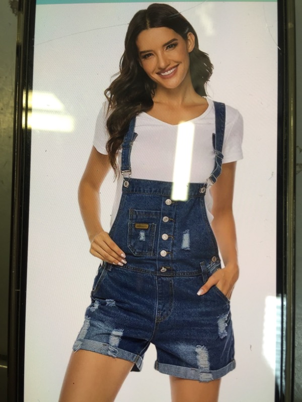 Photo 1 of EZSHE WOMENS DENIM SHORTALLS ADJUSTABLE RIPPED OVERALL SHORTS
SIZE MEDIUM