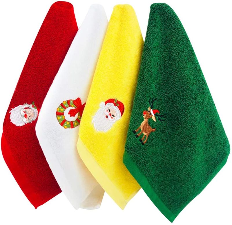 Photo 1 of 4 Pack Christmas Hand Towel Embroidered Holiday Design Christmas Towels Gift Set for Home & Kitchen, 4 Colors(Red, White, Yellow and Green), Random in Embroidery Pattern
