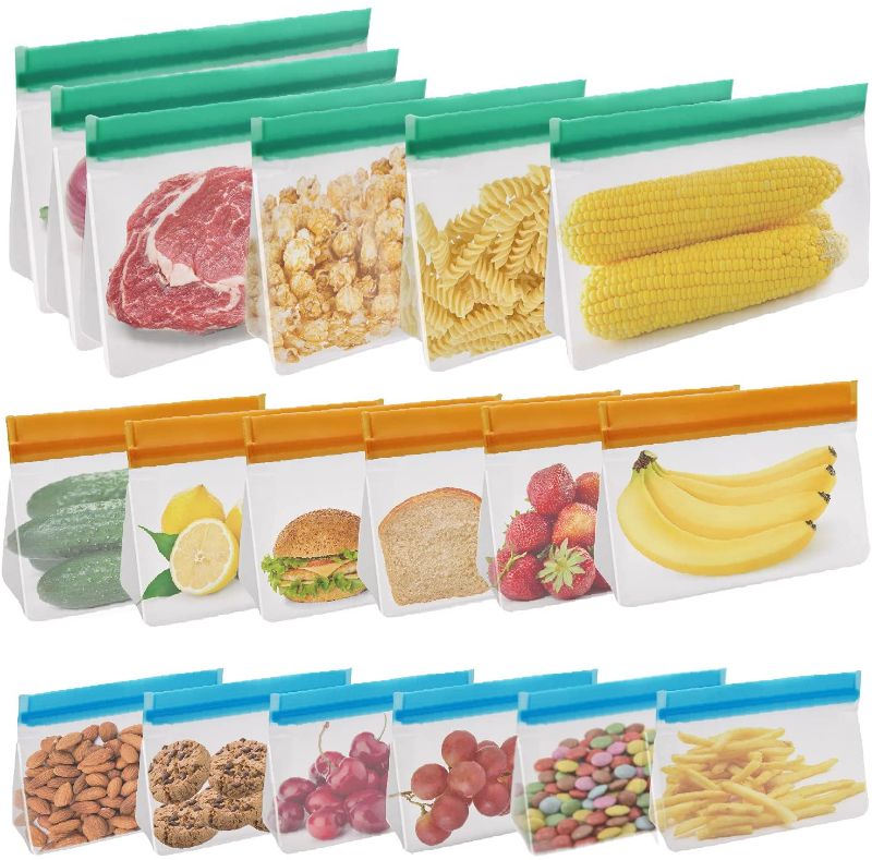 Photo 1 of 18 Pack Extra Thick Reusable Food Storage Bags (6 Large Gallon Leakproof Bags & 6 Sandwich Lunch Bags & 6 Small Kids Snack Bags) Silicone Storage Bags Freezer Bags,Travel Storage,BPA Free (Multicolor)
