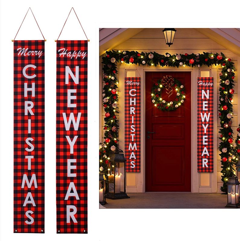 Photo 1 of Christmas Porch Sign, Merry Christmas Happy New Year Red Buffalo Check Plaid Xmas Banners, Christmas Decorations for Holiday Home Indoor Outdoor Porch Wall Christmas Party
