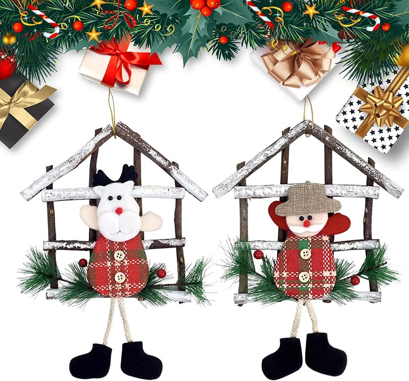 Photo 1 of 2Pcs Christmas Wooden Decorations, 12in Hanging Wreath Pine Leaves Wood House Elk Santa Doll Garland Christmas Tree Ornament Props, Holiday Decor for Indoor Outdoor Home Kitchen Wall Door Window
