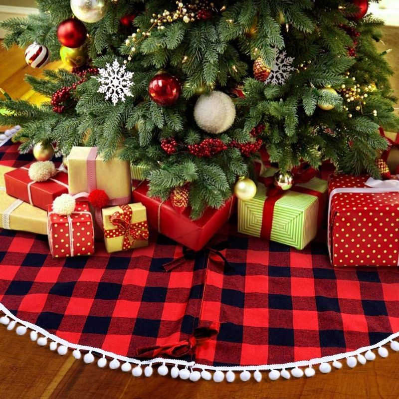 Photo 1 of Buffalo Plaid Christmas Tree Skirt Red, 48 Inch Red and Black Checked Tree Skirt, Xmas Tree Mat for Holiday Party Indoor Decorations(Red and Black)
